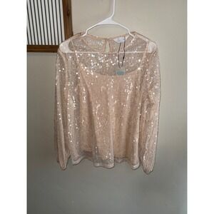 Primark Cares Pink Sequin Mesh Long Sleeve Top with Camisole Liner NWT Womens M